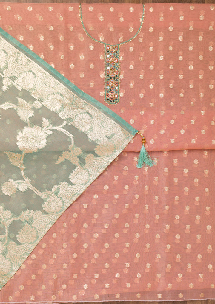Peach Zariwork Banarasi Unstitched Salwar Suit