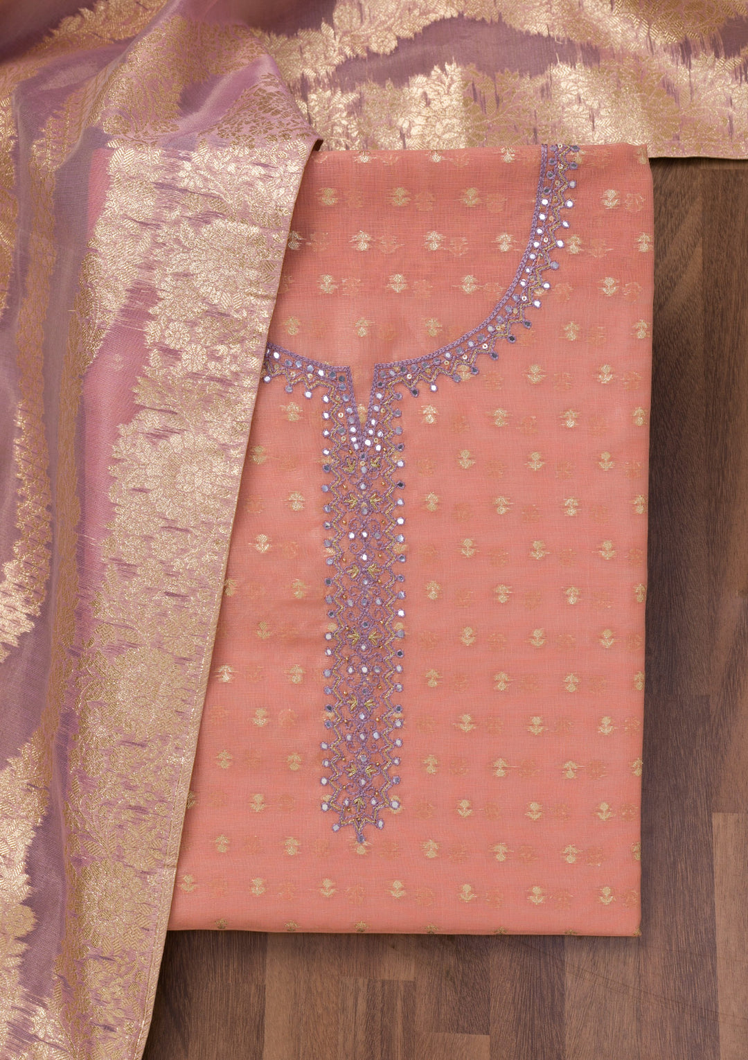 Peach Zariwork Banarasi Unstitched Salwar Suit