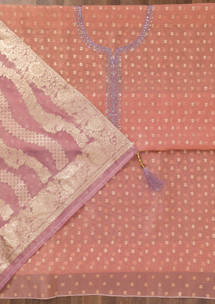 Peach Zariwork Banarasi Unstitched Salwar Suit
