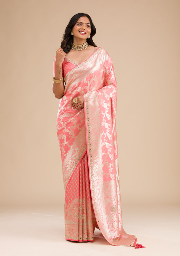 Peach Zariwork Banarasi Silk Saree