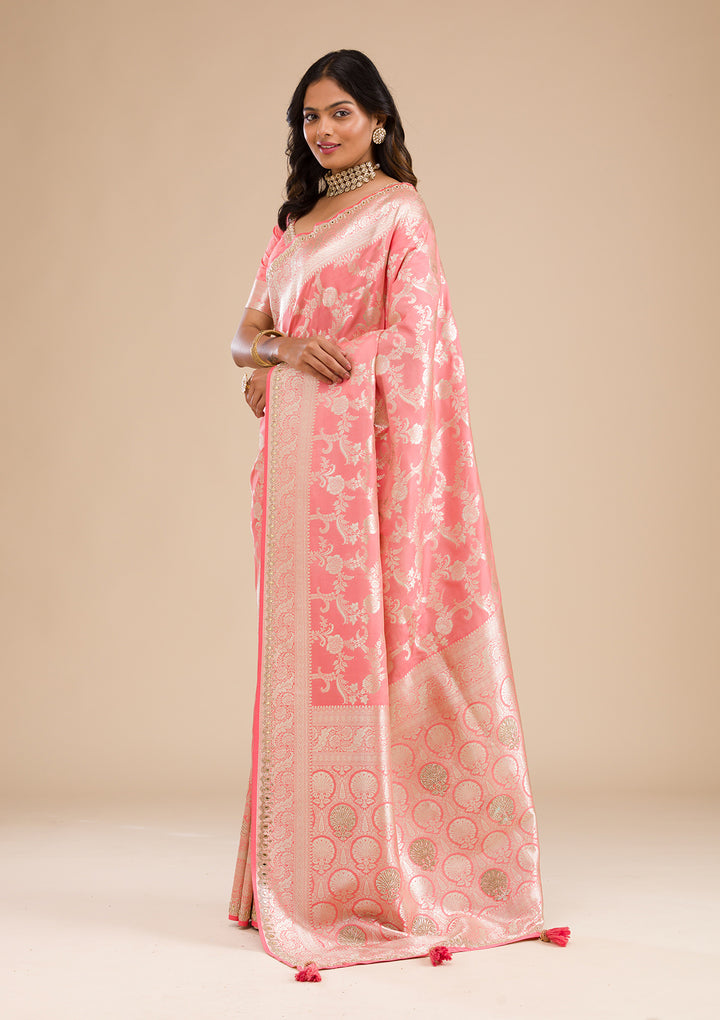 Peach Zariwork Banarasi Silk Saree