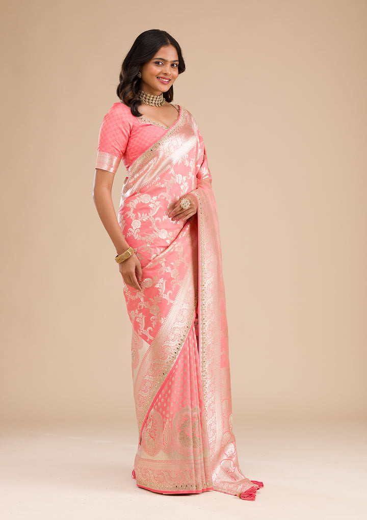 Peach Zariwork Banarasi Silk Saree