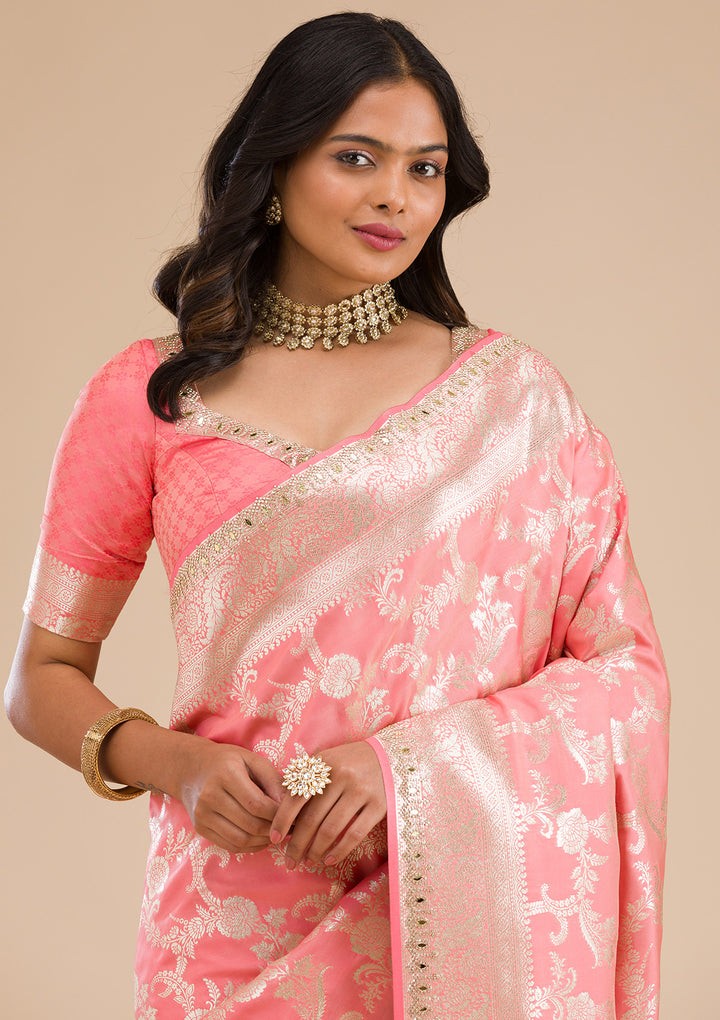 Peach Zariwork Banarasi Silk Saree