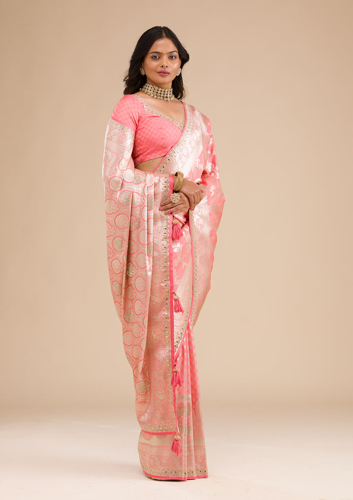 Peach Zariwork Banarasi Silk Saree
