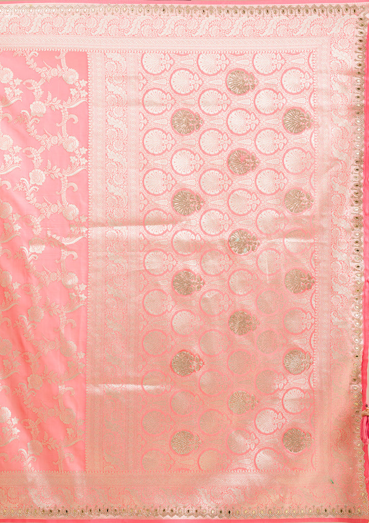 Peach Zariwork Banarasi Silk Saree