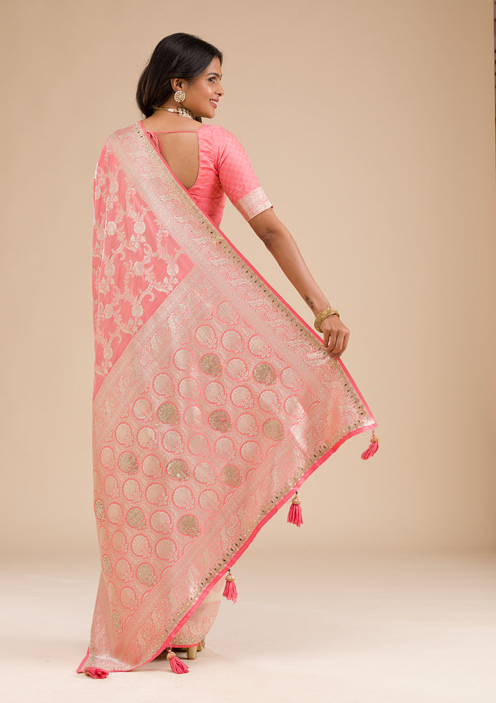 Peach Zariwork Banarasi Silk Saree