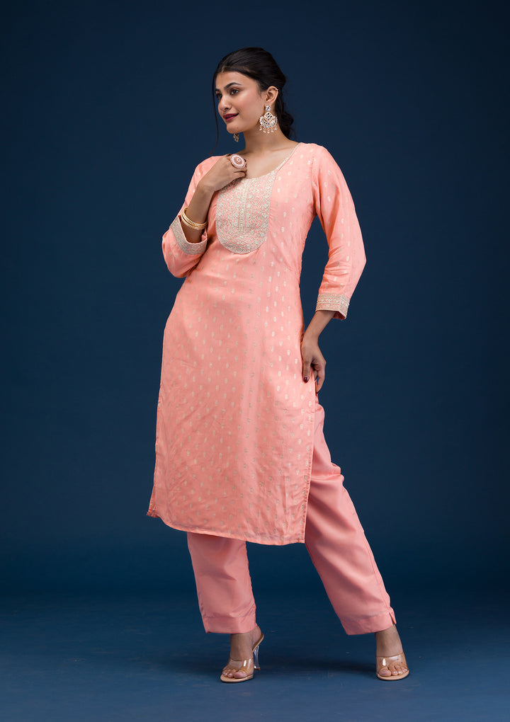 Peach Zariwork Chanderi Readymade Salwar Suit