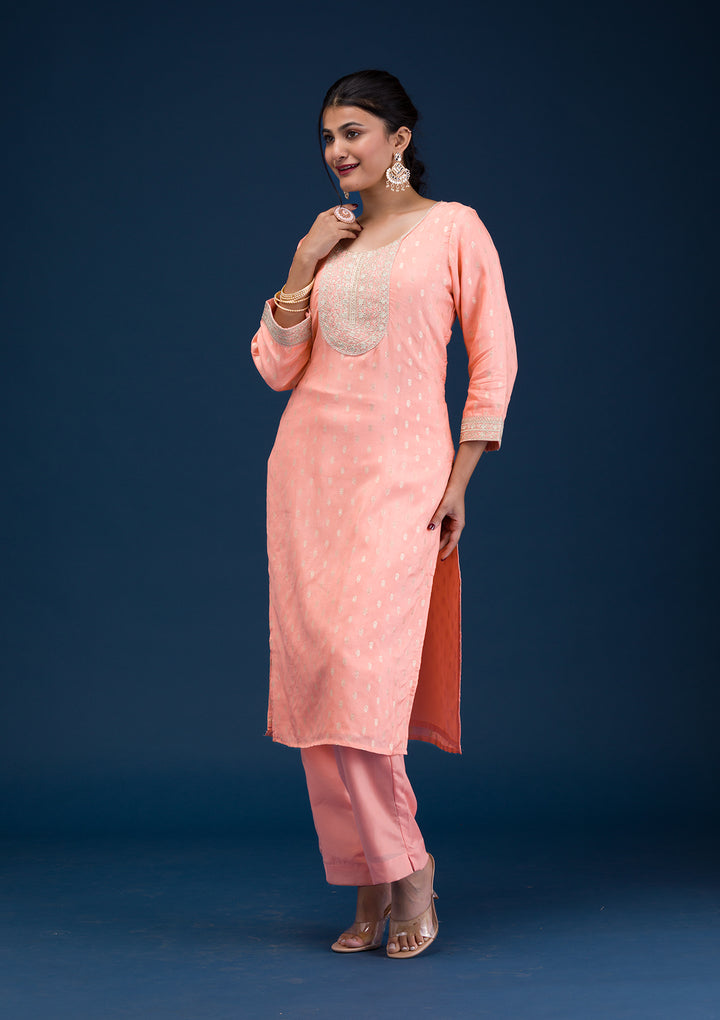 Peach Zariwork Chanderi Readymade Salwar Suit