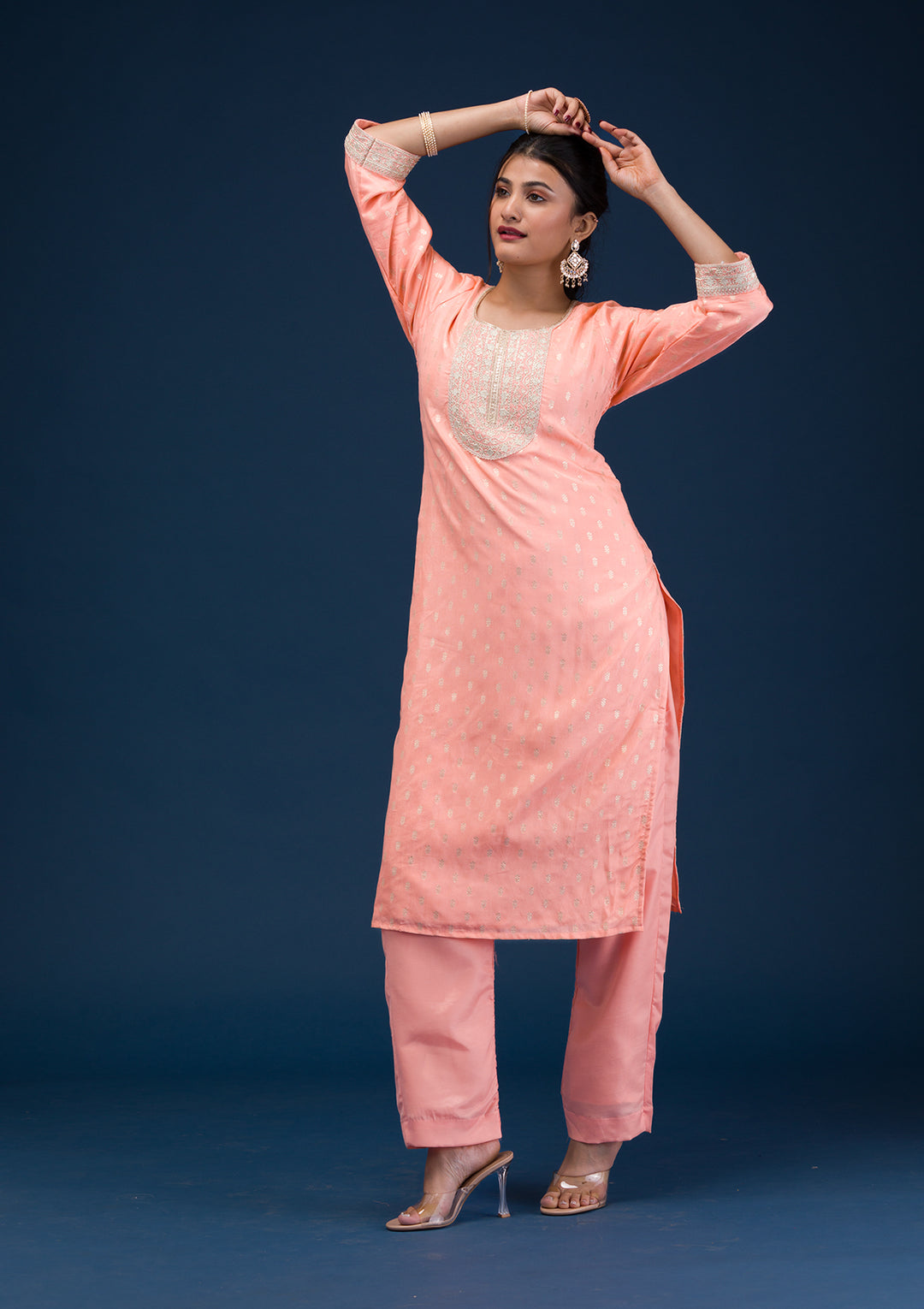 Peach Zariwork Chanderi Readymade Salwar Suit