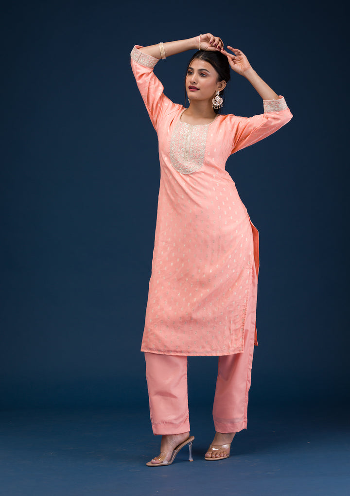 Peach Zariwork Chanderi Readymade Salwar Suit