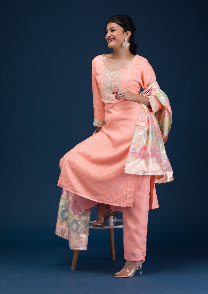 Peach Zariwork Chanderi Readymade Salwar Suit