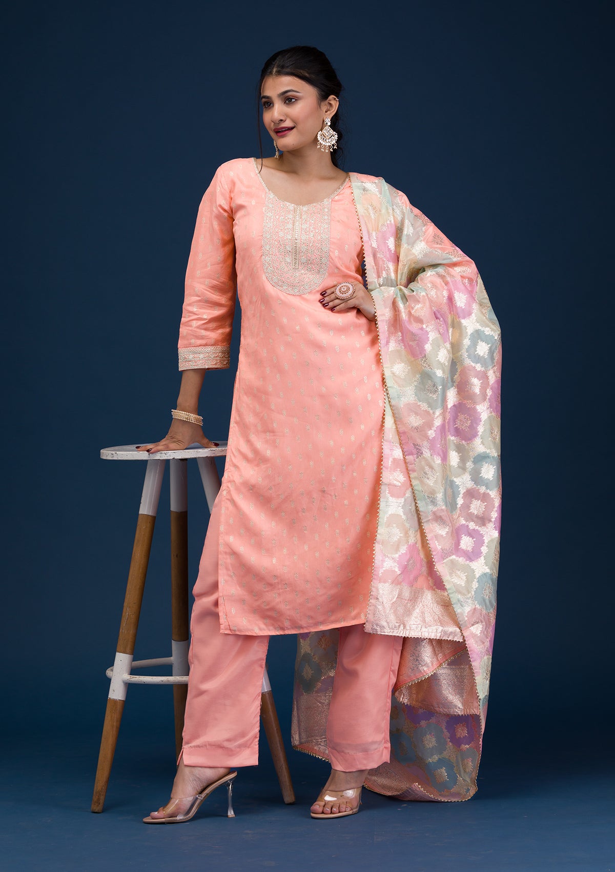 Peach Zariwork Chanderi Readymade Salwar Suit