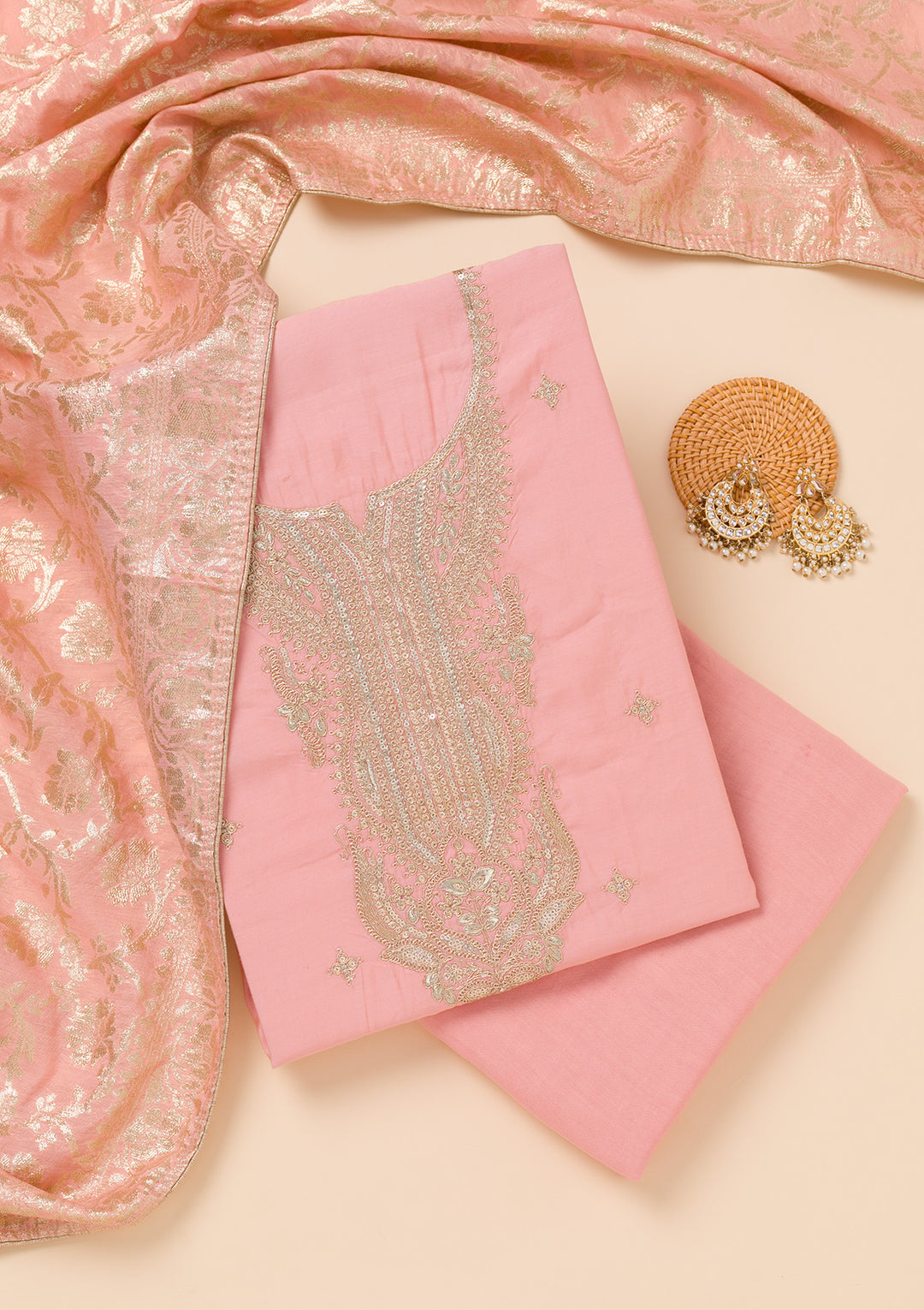 Peach Zariwork Chanderi Unstitched Salwar Suit