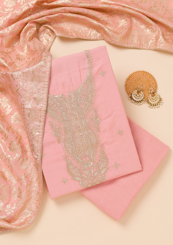 Peach Zariwork Chanderi Unstitched Salwar Suit