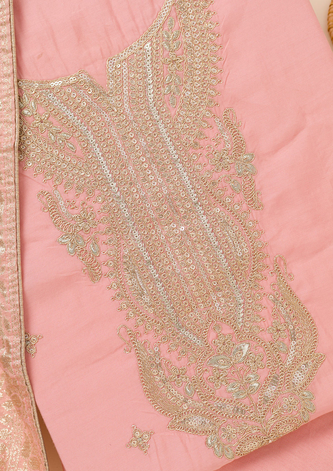 Peach Zariwork Chanderi Unstitched Salwar Suit