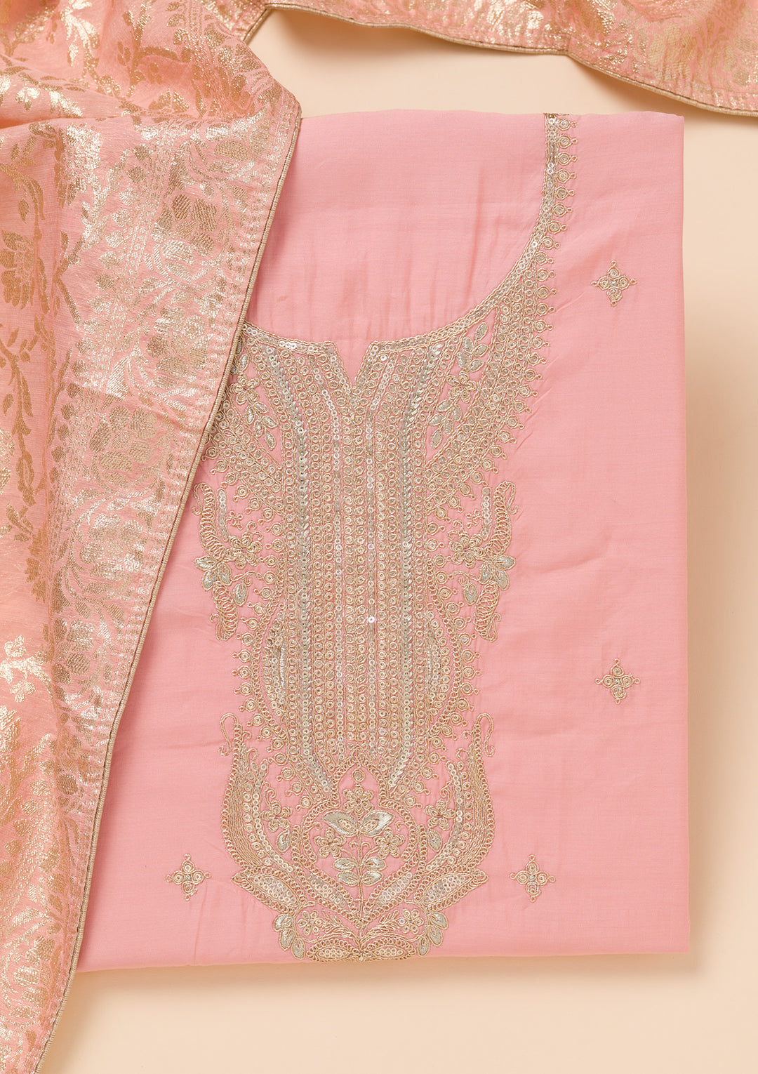 Peach Zariwork Chanderi Unstitched Salwar Suit