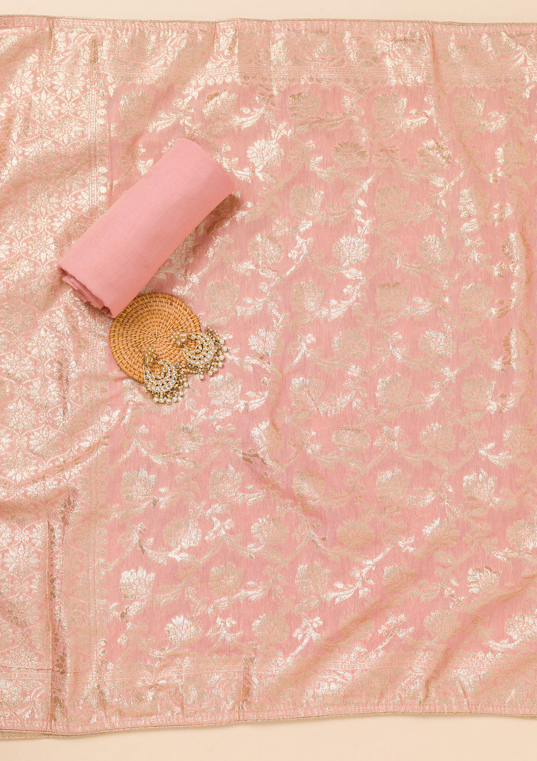 Peach Zariwork Chanderi Unstitched Salwar Suit