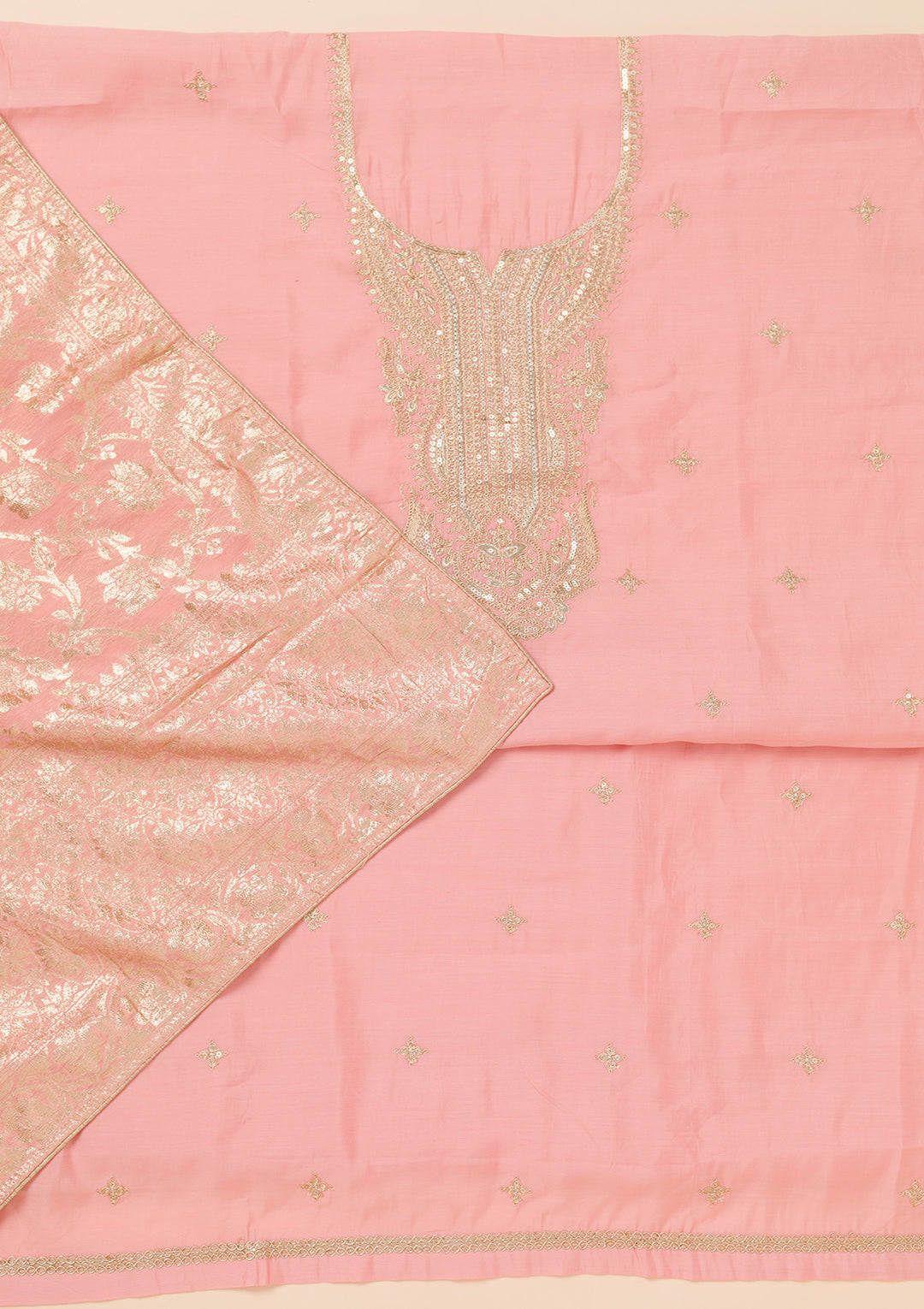 Peach Zariwork Chanderi Unstitched Salwar Suit