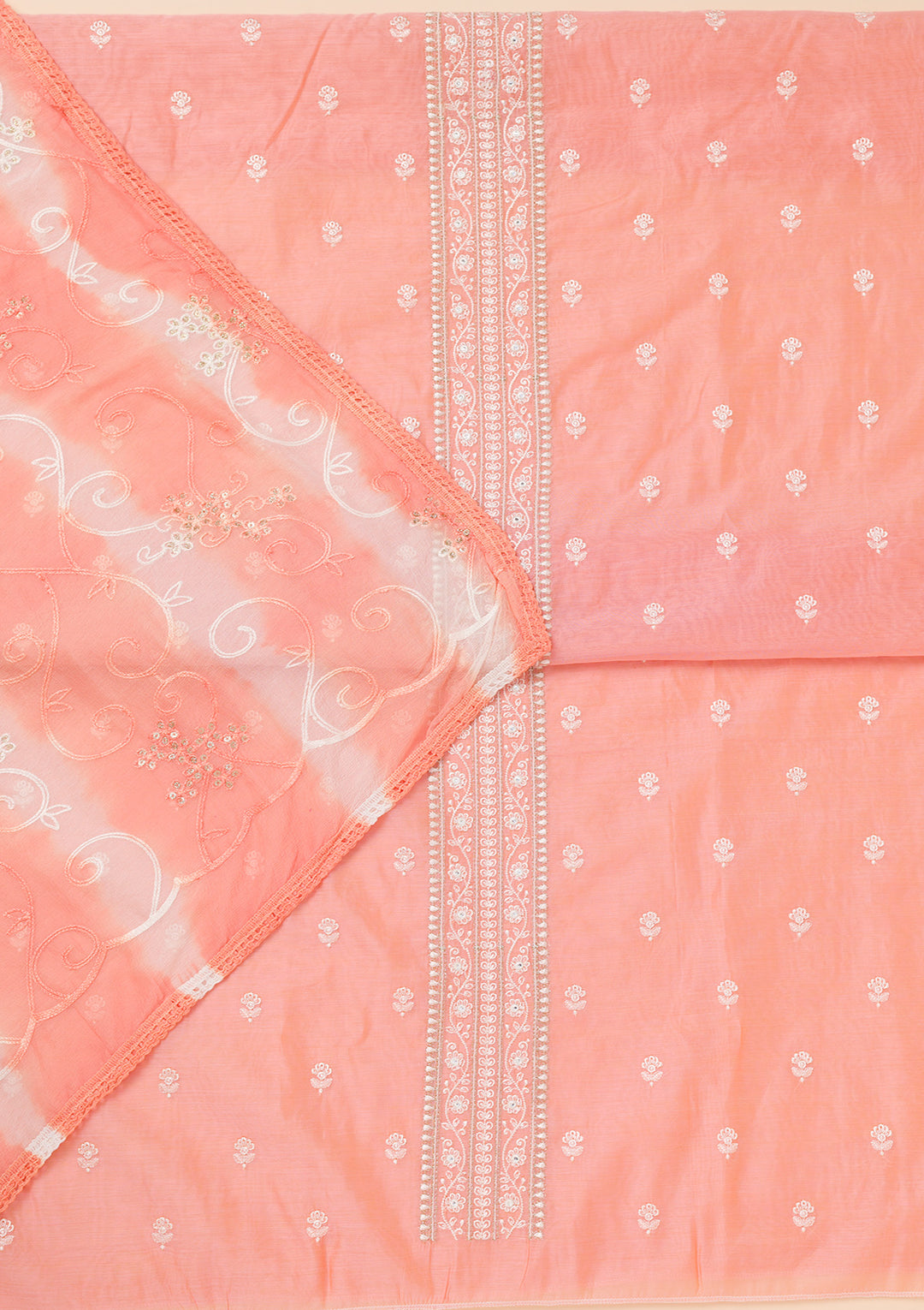 Peach Zariwork Chanderi Unstitched Salwar Suit