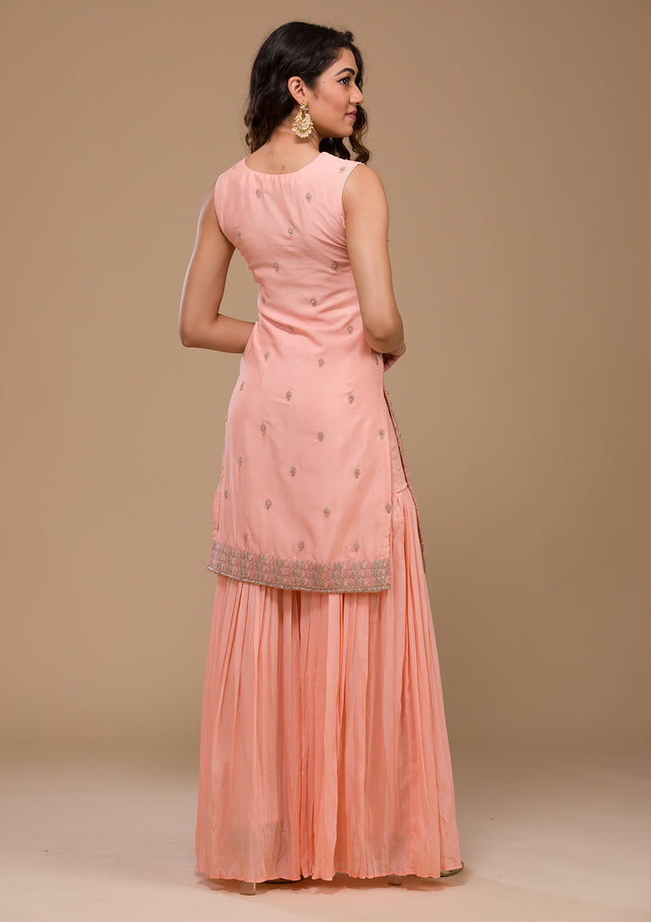 Peach Zariwork Chiffon Readymade Salwar Suit-Koskii