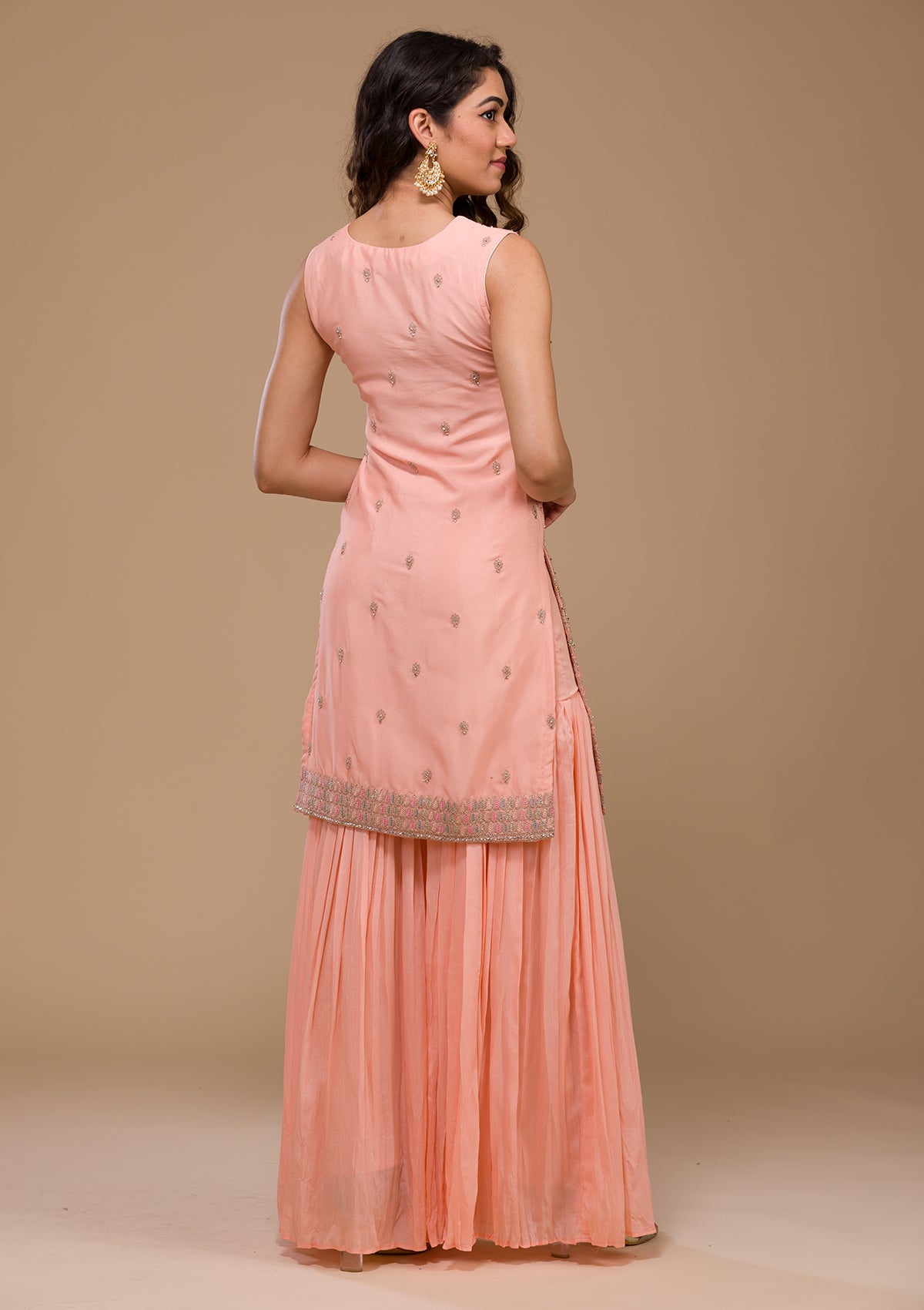 Peach Zariwork Chiffon Readymade Salwar Suit-Koskii