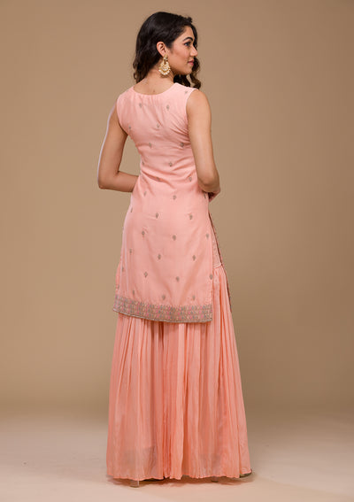 Peach Zariwork Chiffon Readymade Salwar Suit-Koskii