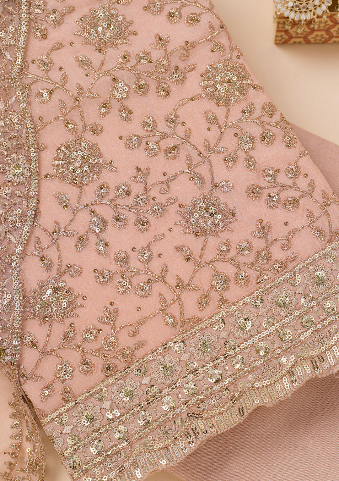 Peach Zariwork Georgette Unstitched Salwar Suit
