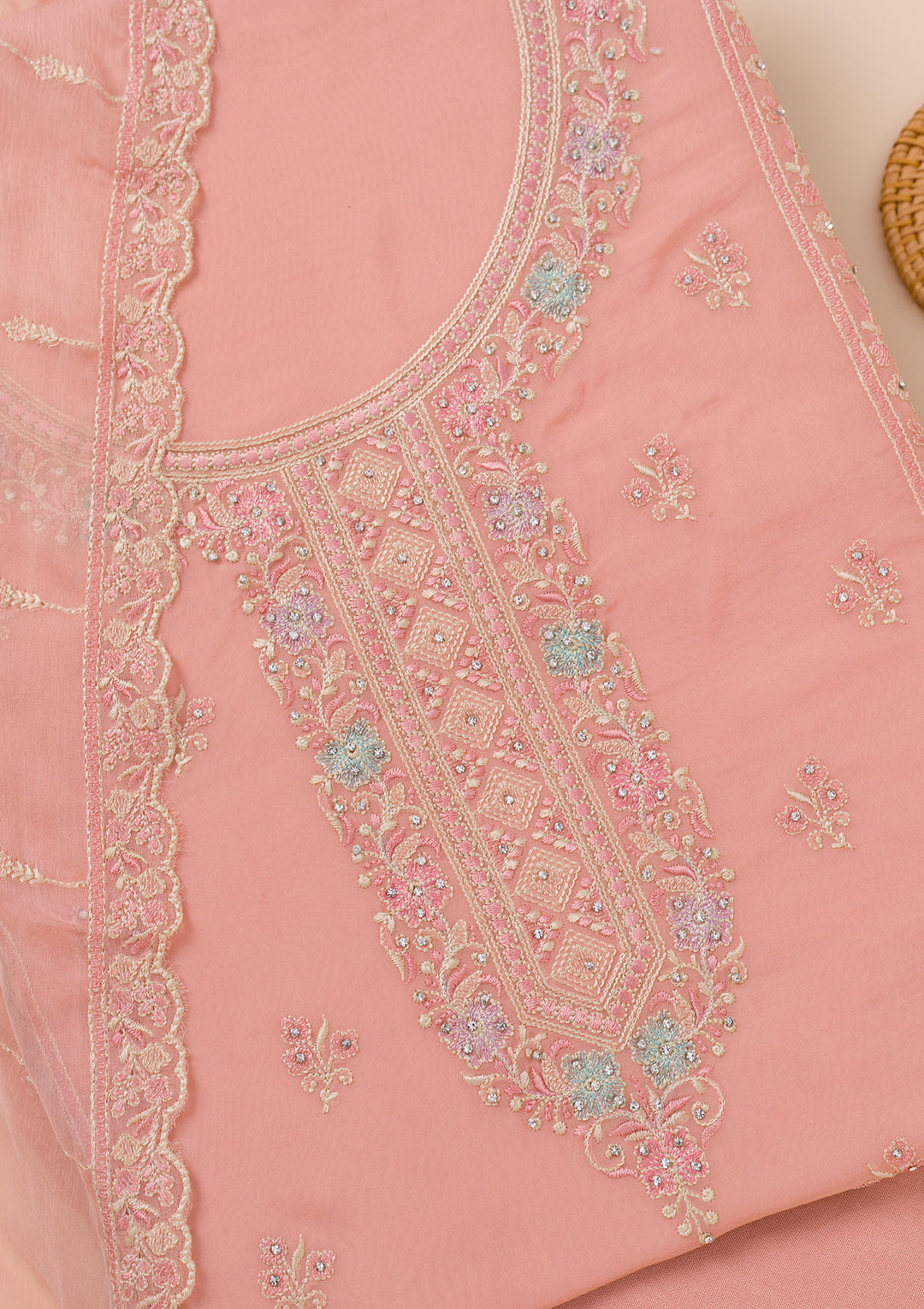 Peach Zariwork Georgette Unstitched Salwar Suit