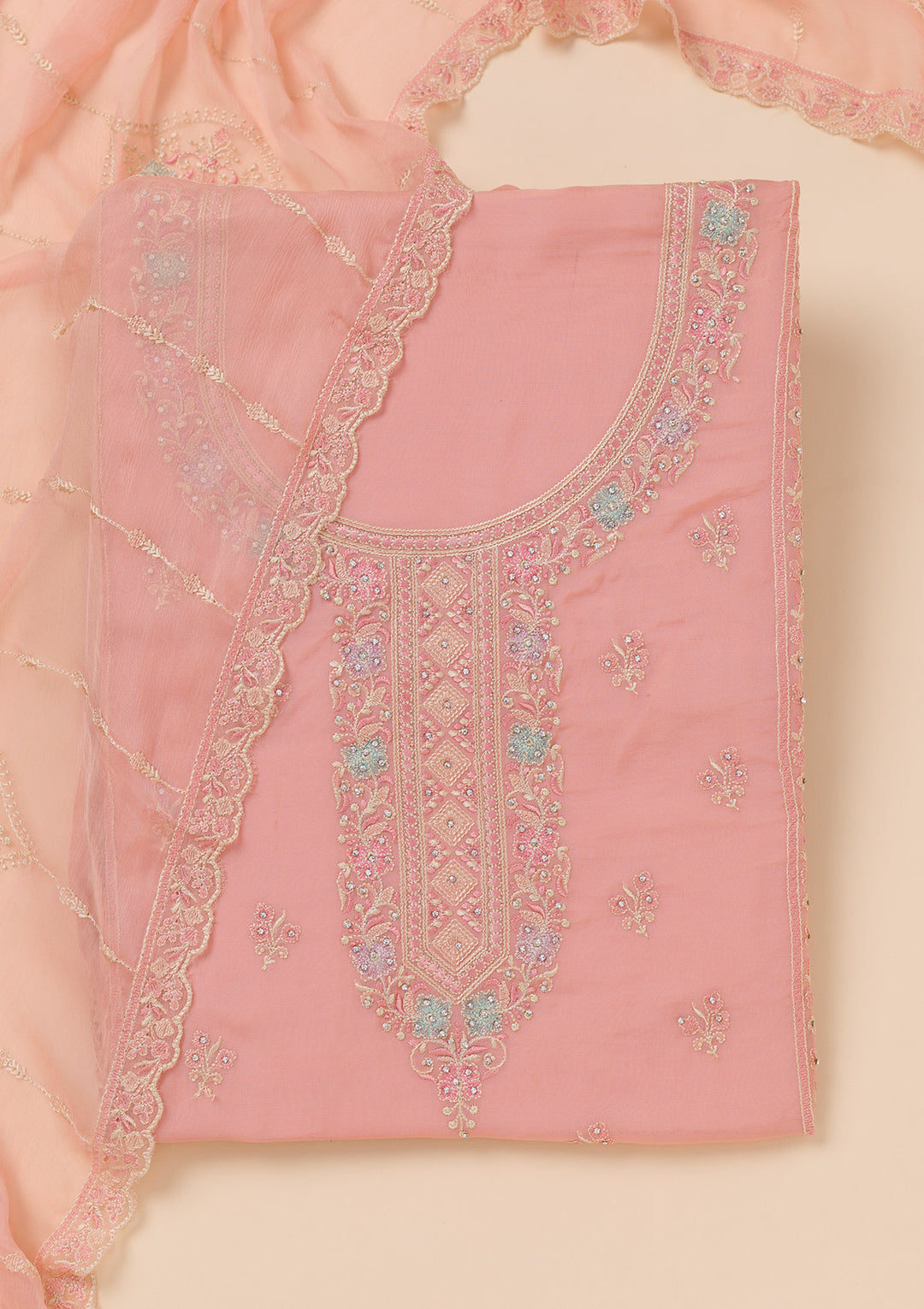 Peach Zariwork Georgette Unstitched Salwar Suit
