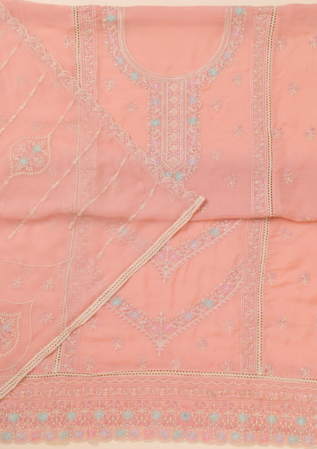 Peach Zariwork Georgette Unstitched Salwar Suit
