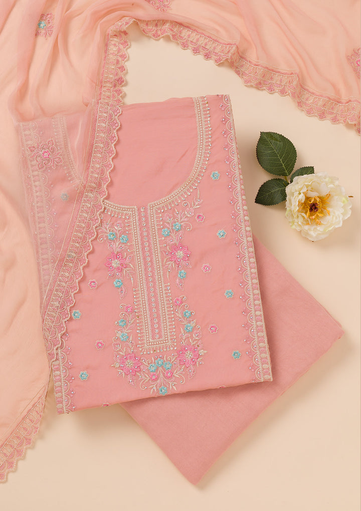 Peach Zariwork Georgette Unstitched Salwar Suit