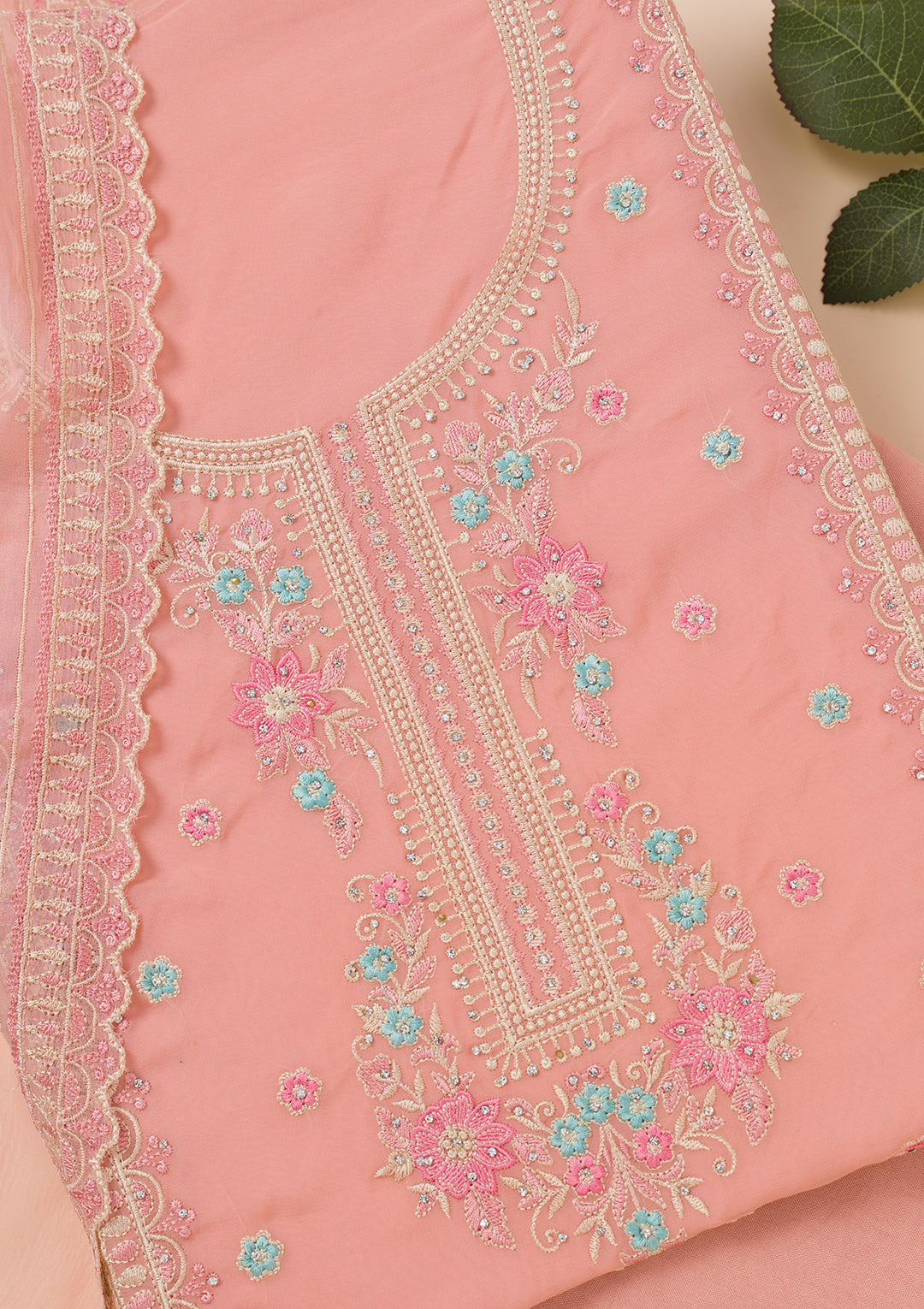Peach Zariwork Georgette Unstitched Salwar Suit