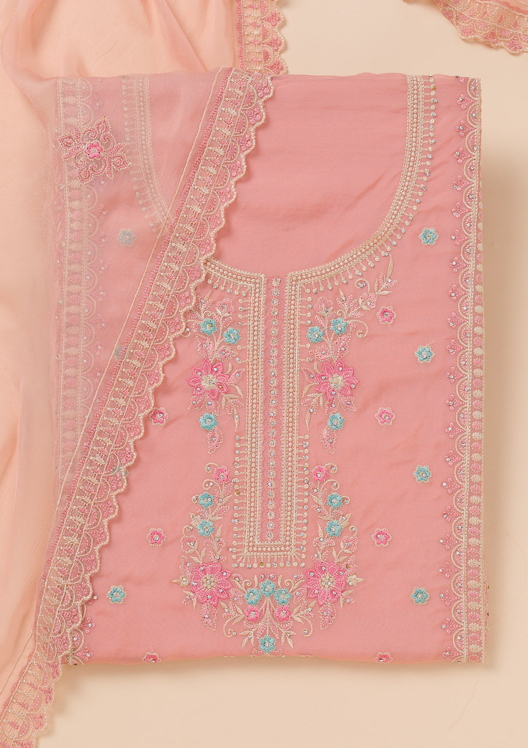 Peach Zariwork Georgette Unstitched Salwar Suit