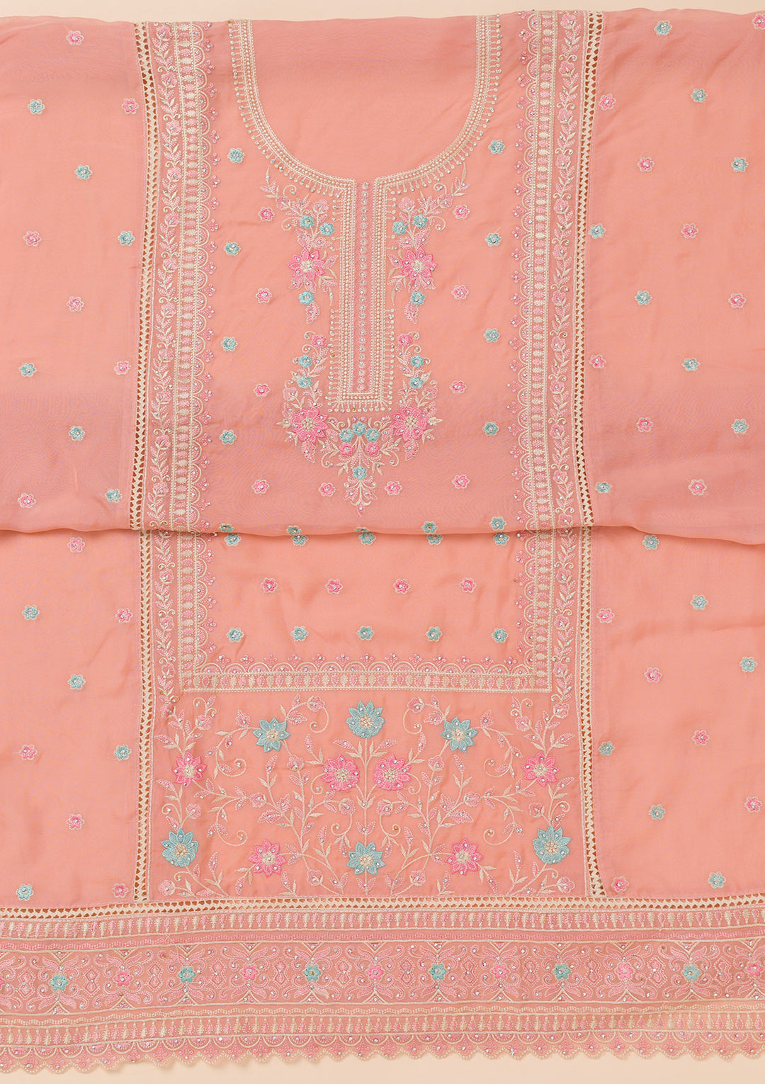 Peach Zariwork Georgette Unstitched Salwar Suit