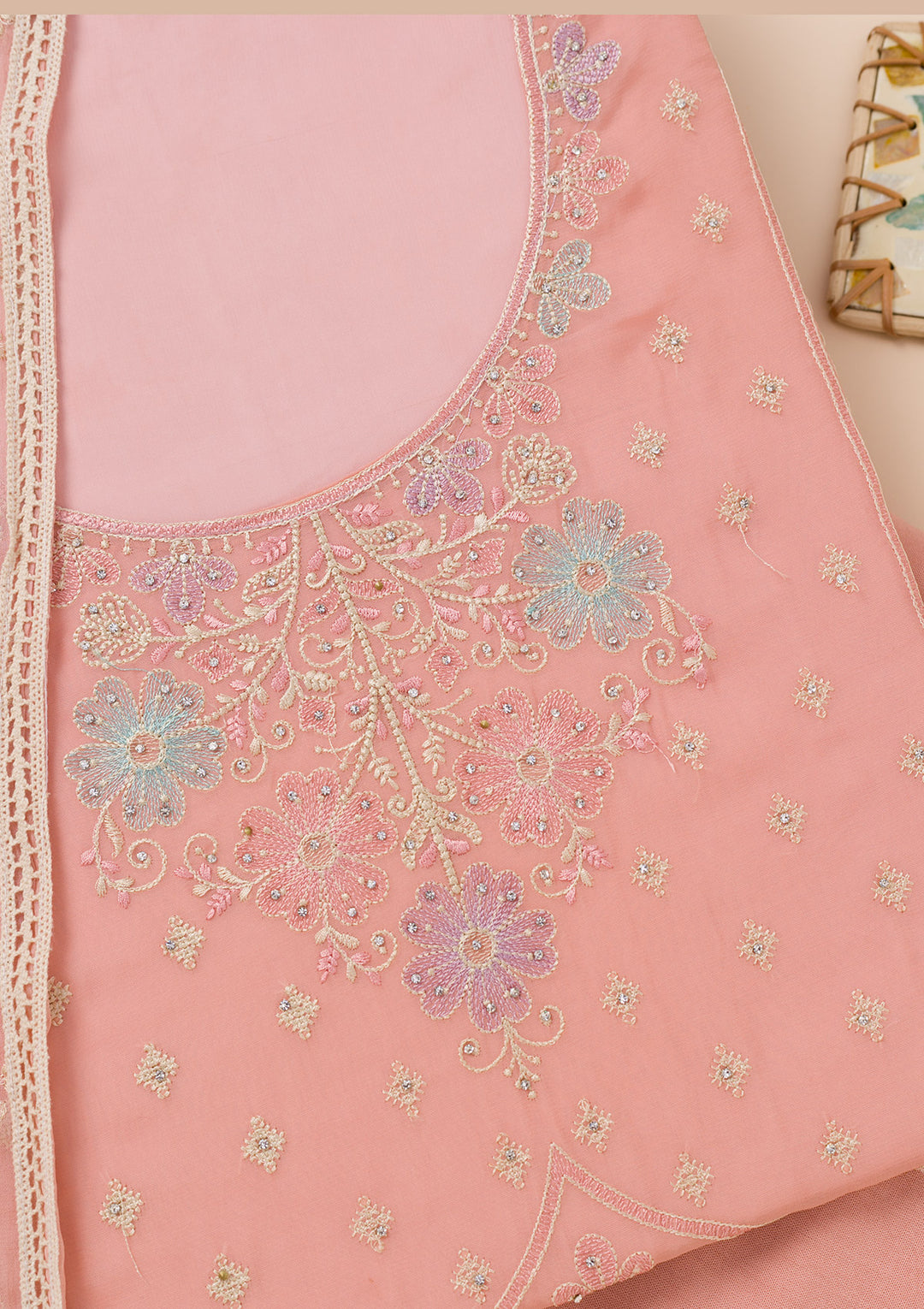 Peach Zariwork Georgette Unstitched Salwar Suit