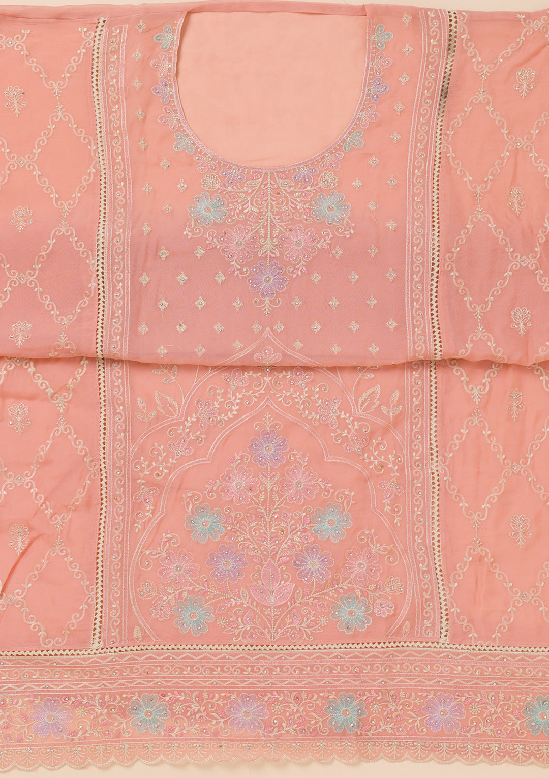 Peach Zariwork Georgette Unstitched Salwar Suit