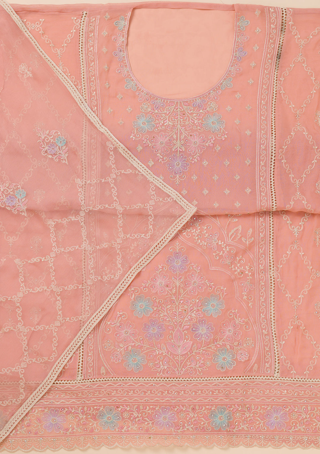 Peach Zariwork Georgette Unstitched Salwar Suit
