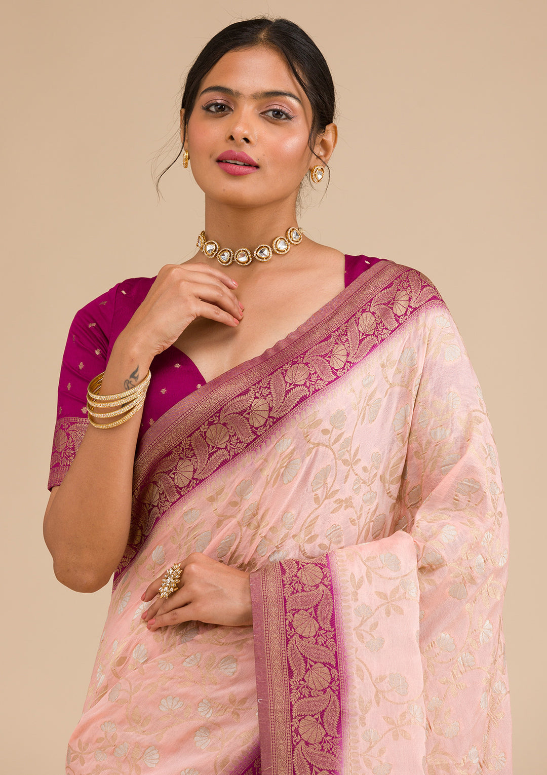 Peach Zariwork Georgette Saree