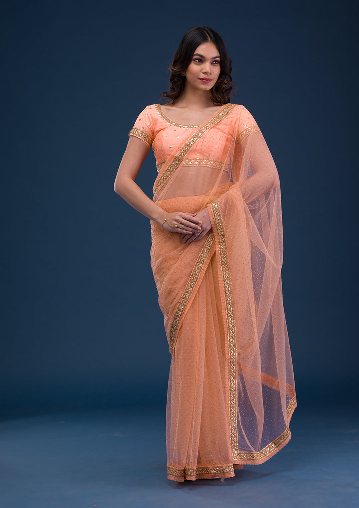 Peach Zariwork Net Saree