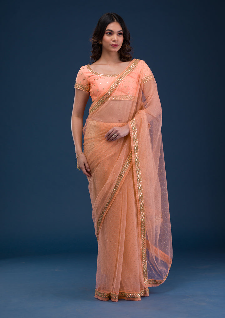 Peach Zariwork Net Saree