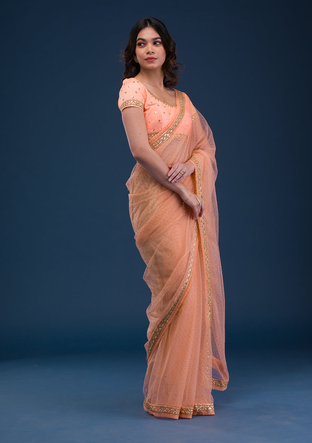 Peach Zariwork Net Saree