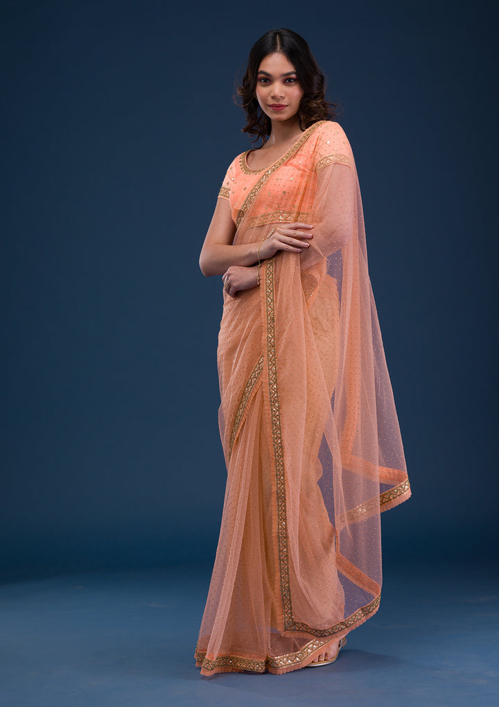 Peach Zariwork Net Saree
