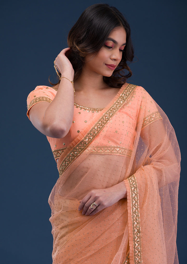 Peach Zariwork Net Saree