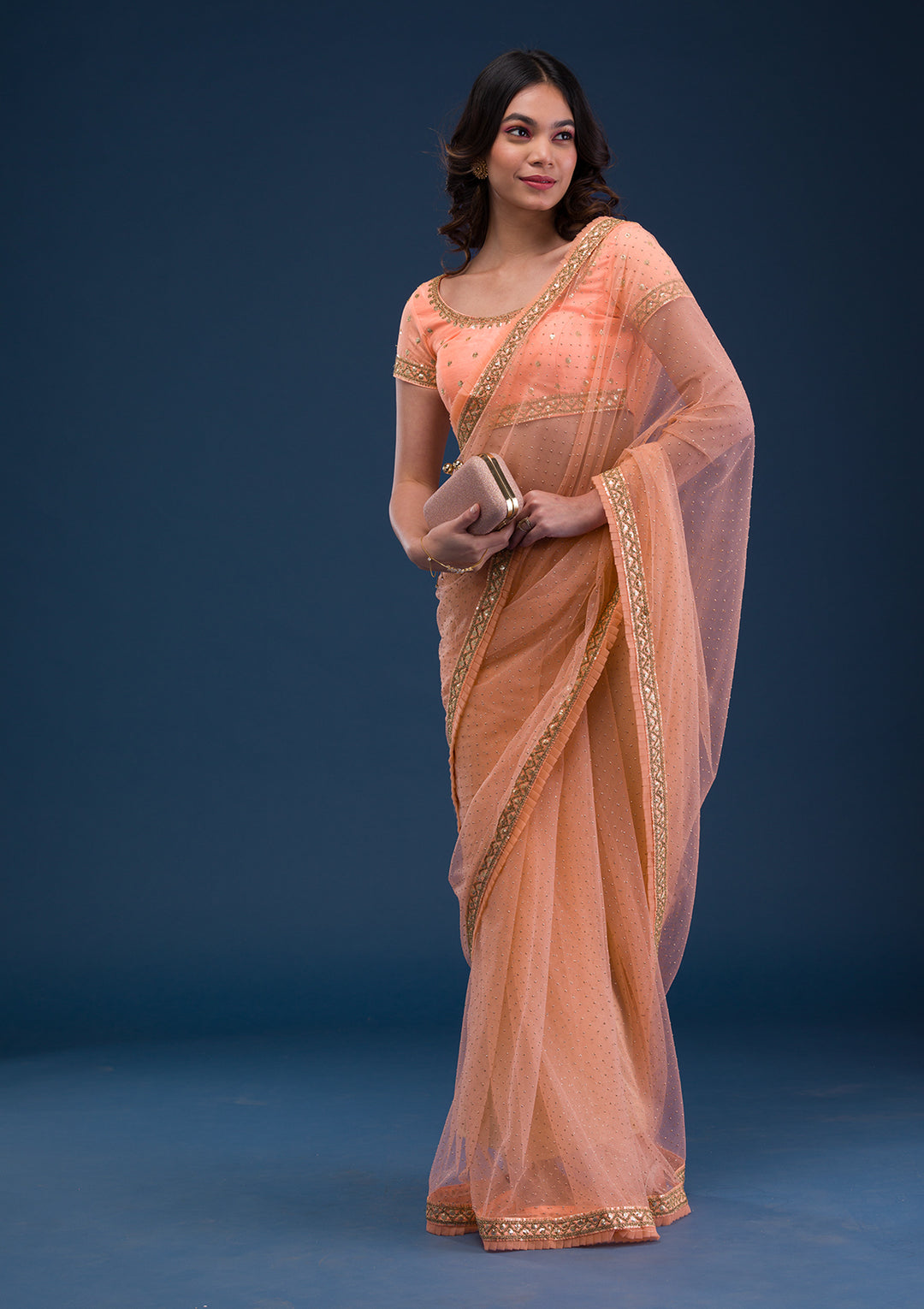 Peach Zariwork Net Saree