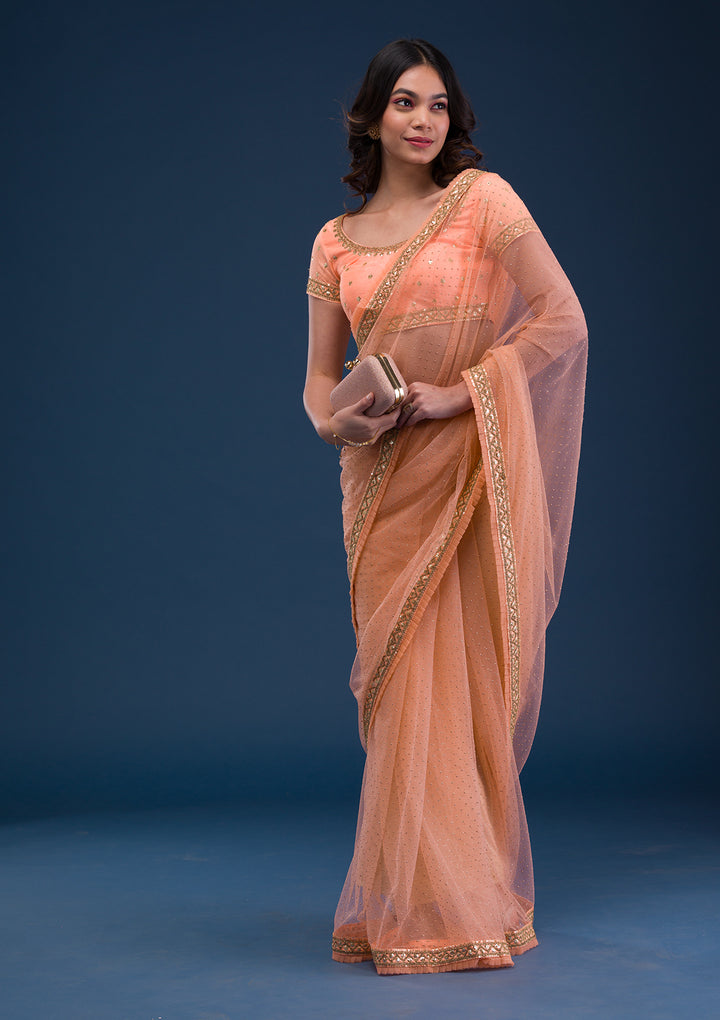 Peach Zariwork Net Saree