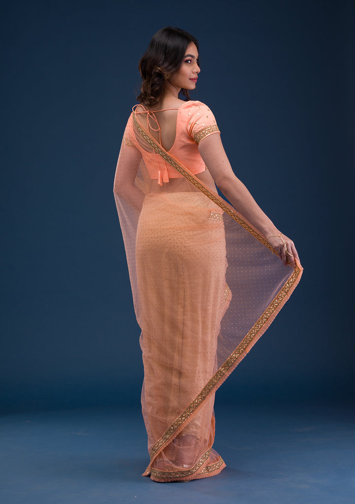 Peach Zariwork Net Saree