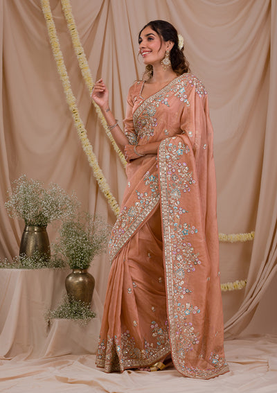 Peach Zariwork Net Saree-Koskii