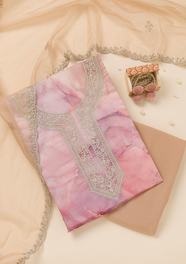 Peach Zariwork Organza Unstitched Salwar Suit