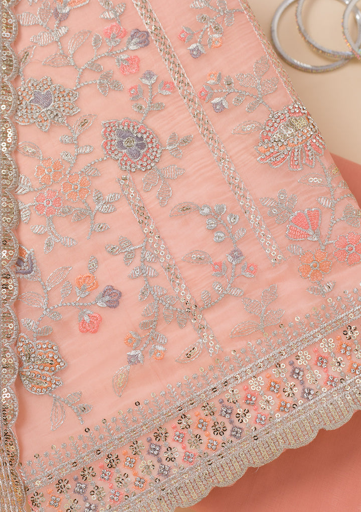 Peach Zariwork Organza Unstitched Salwar Suit