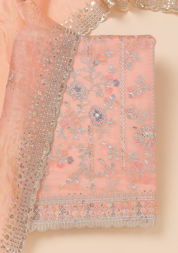 Peach Zariwork Organza Unstitched Salwar Suit